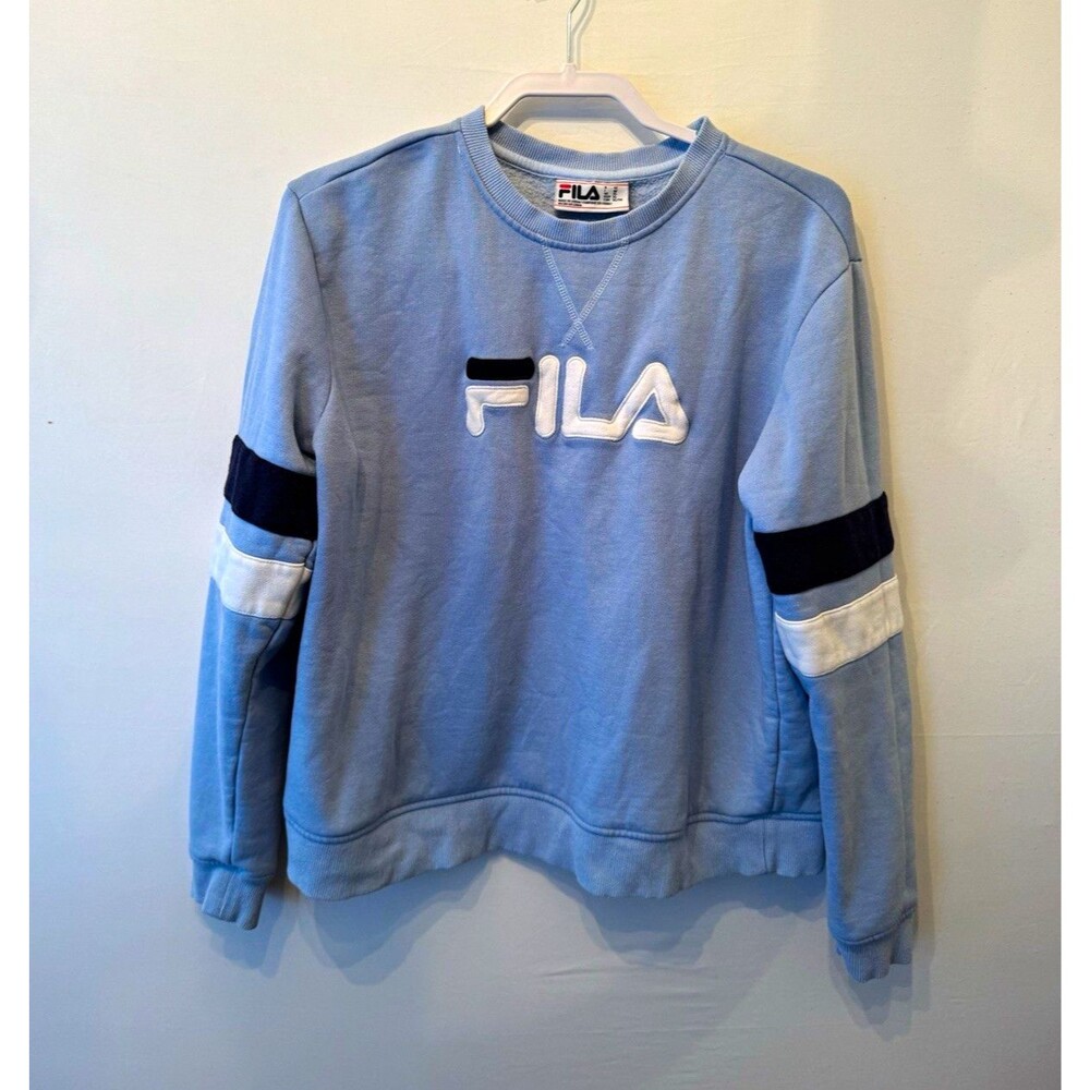 FILA Fleece Sweatshirt Womens XL Blue Crewneck Pullover Logo Colorblock